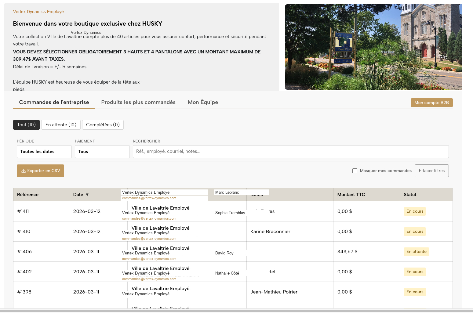 Husky Boutique — administration des commandes B2B